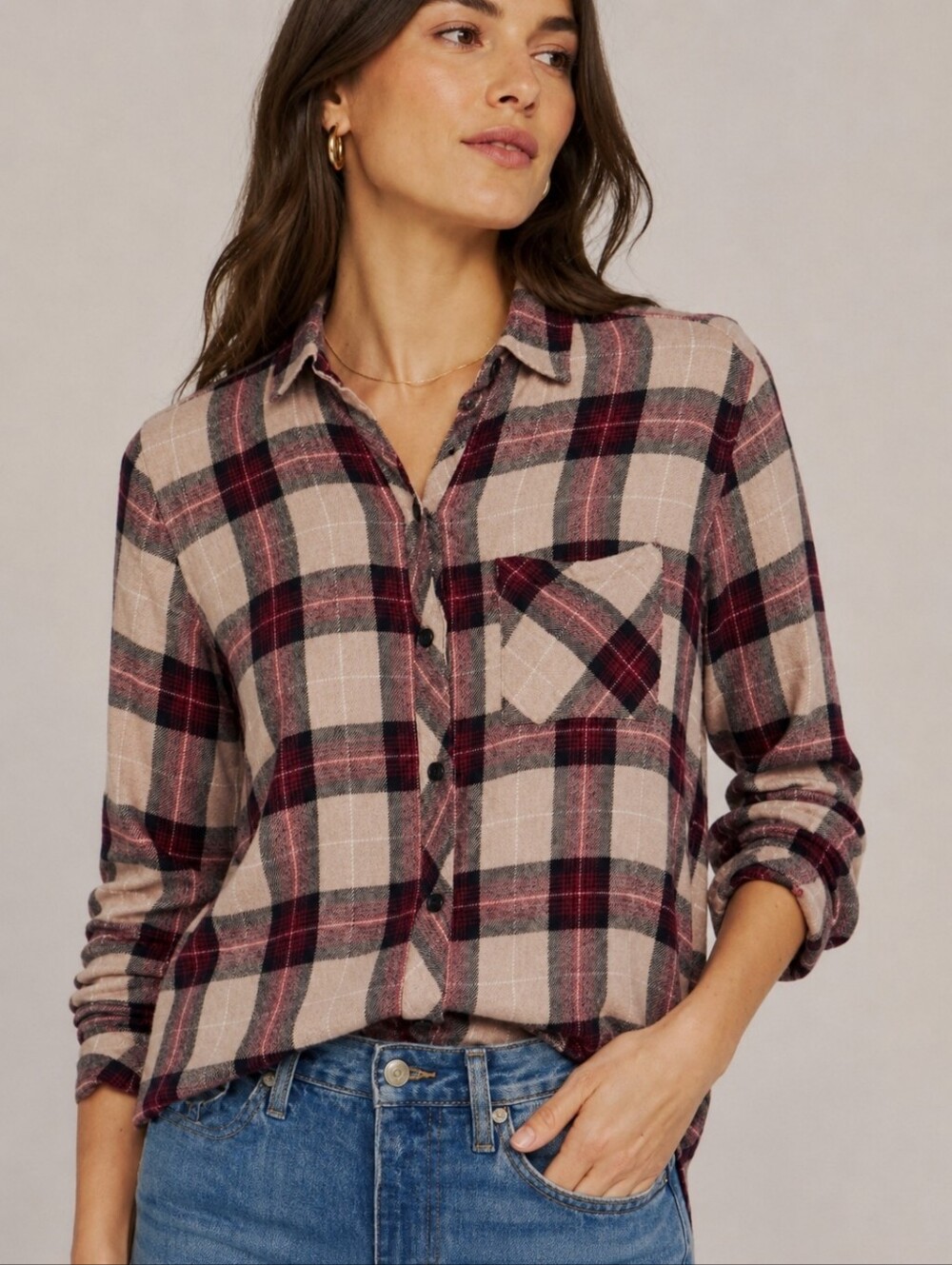 RAILS HUNTER PLAID BUTTON DOWN FLANNEL SHIRT MEDIUM BURGANDY TAN ULTRA SOFT